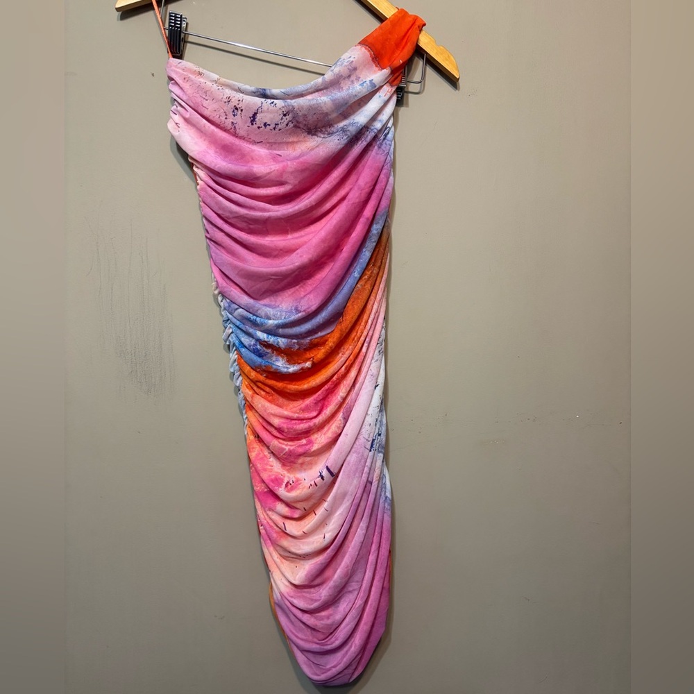 ZARA Ruched One Shoulder Vibrant Multicolor Draped Dress